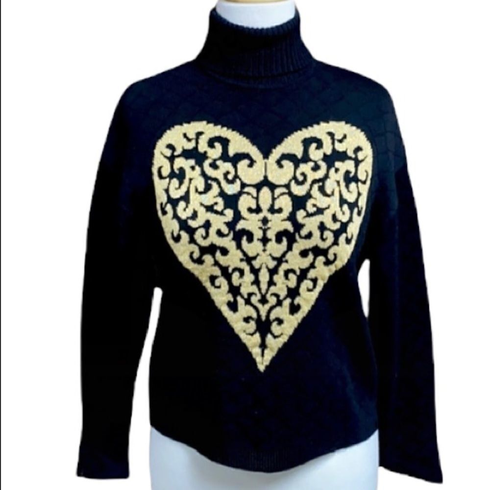 St. John Black Turtleneck Heart Sweater Size P